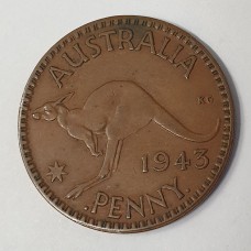 AUSTRALIA 1943 . ONE 1 PENNY . VARIETY . INDIAN DIE . LARGE DENTICLES